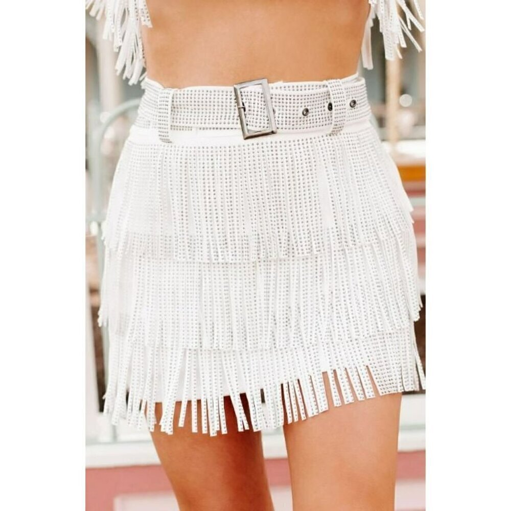 *PLUS ONLY* Spotlight Stealer Rhinestone Fringe Mini Skort Off White - Picture 8 of 10